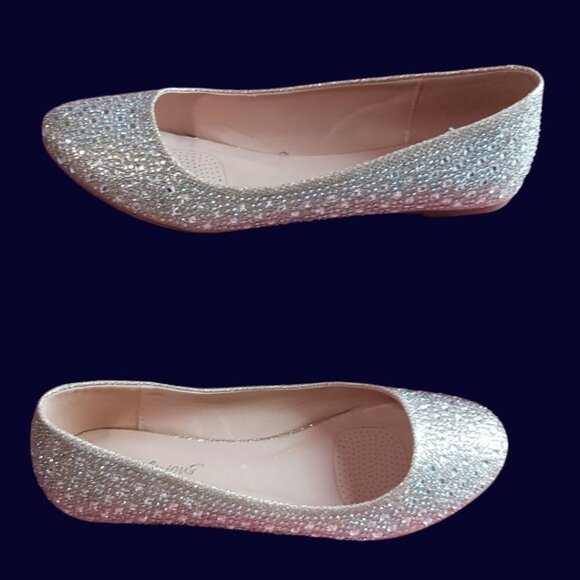 Fabulicious Rhinestone-Embellished Ballet Flats Color Nude Glitter Mesh Size 10 - Picture 10 of 13